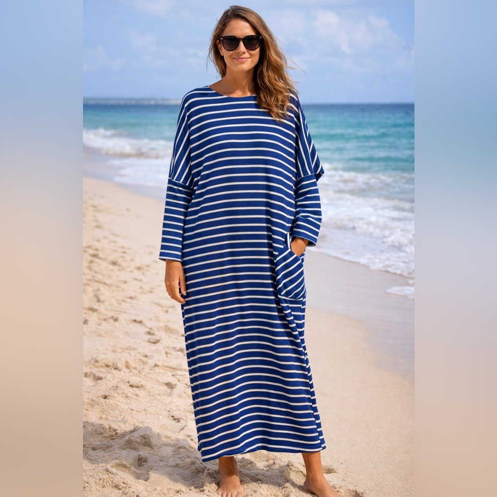 Blue and White Lagenlook Striped Long Maxi Dress